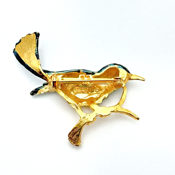 Vintage Bird Brooch Gold Tone Green White Jay Perched On A Branch Gerrys 2" - Picture 2 of 7